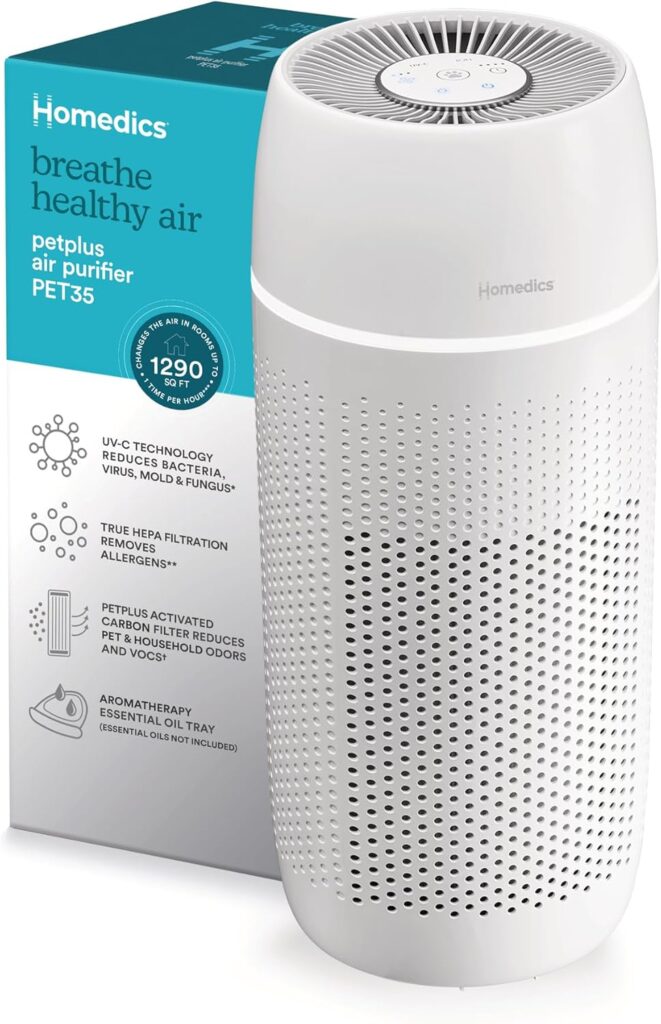 Homedics 5-in-1 PetPlus UV-C Air Purifier – 360-Degree HEPA Filter for 266 Sq Ft, Air Purifiers for Pets, Bedroom, and Home with Essential Oil Pads and Built-In Timer, 3 Speed Settings, White