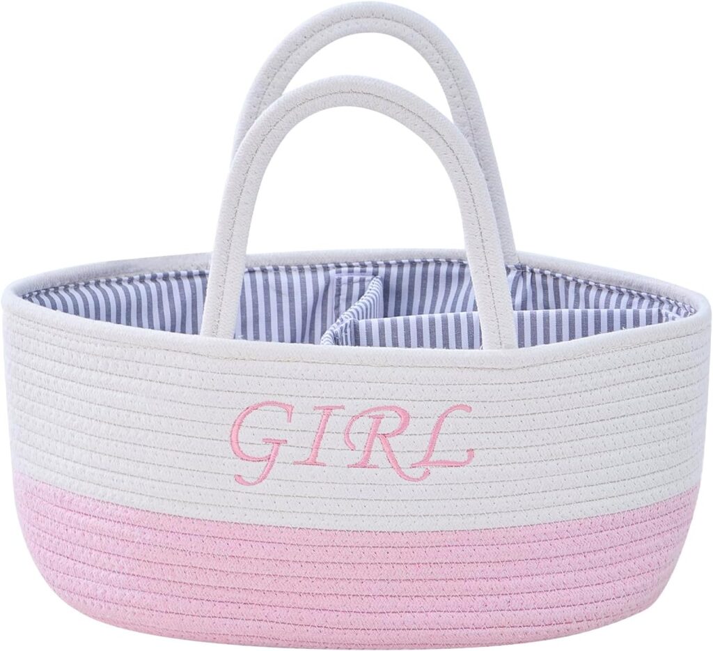 DUHEL Diaper Caddy Organizer with Handle,Baby Basket use for Diaper Organizer and Storage,Baby Girl Newborn Essentials,3 Compartments-Cotton rope Material Storage for Home or Travel. (White＆Pink)