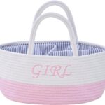 DUHEL Diaper Caddy Organizer with Handle,Baby Basket use for Diaper Organizer and Storage,Baby Girl Newborn Essentials,3 Compartments-Cotton rope Material Storage for Home or Travel. (White＆Pink)