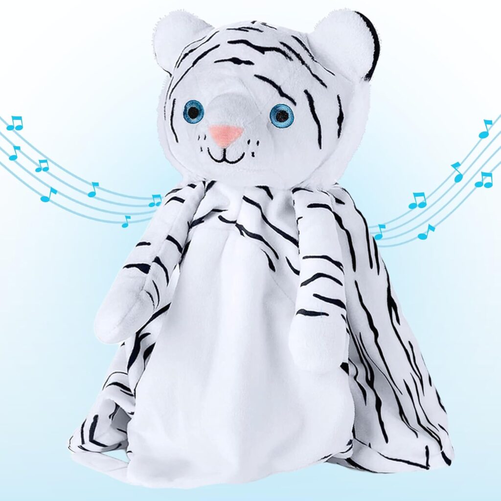 Love By Emi Baby Music Lovey White Tiger, Baby Sleep Soother for Crib & Cuddle Bedtime, White Noise with a Heartbeat & Lullaby, Plush Sound Machine Toy, Stuffed Animal for Newborns, Infants & Toddlers