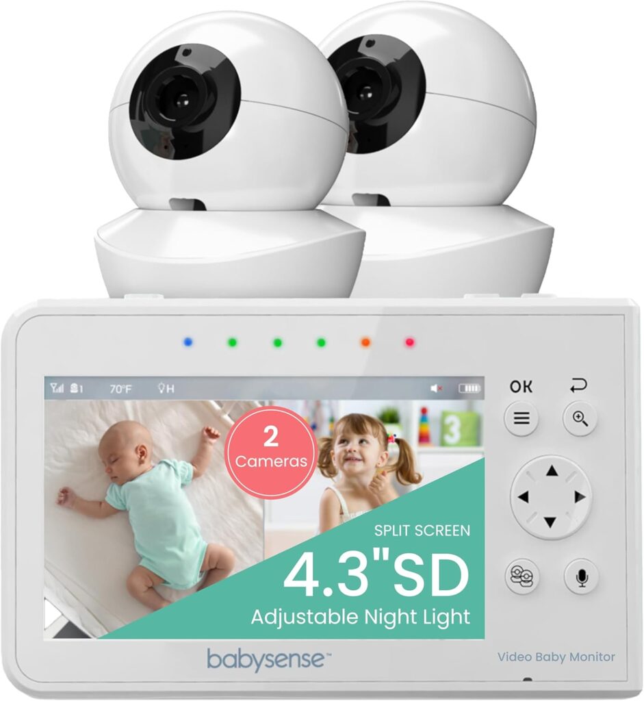 Babysense Baby Monitor with 2 Cameras and Audio 4.3″, Non Wifi Baby Monitor, Dual Split Screen, Portable Double Sleep Video Monitoring, Auto Night Vision & Light, Lullabies & White Noise Two-Way Audio