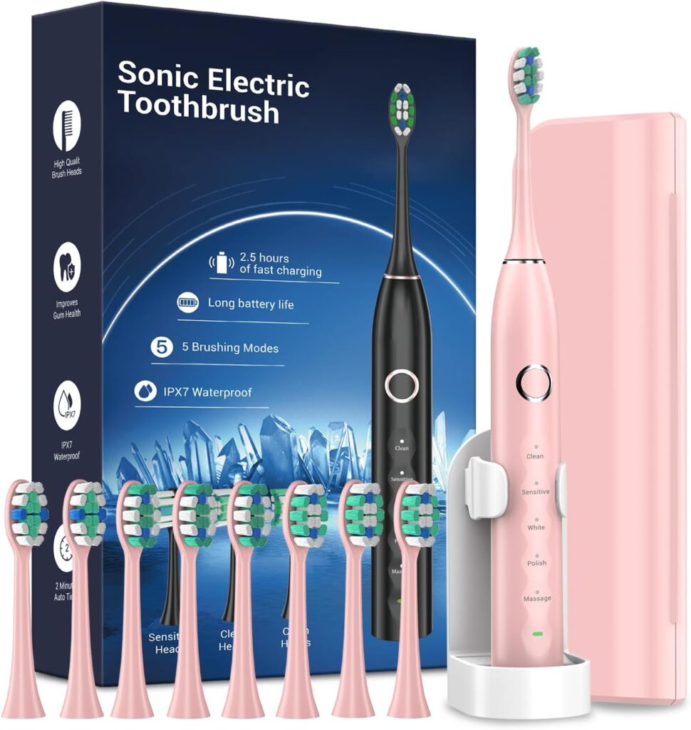 Rtauys S5 Upgraded Sonic Electric Toothbrush for Adults with 8 Brush Heads, IPX7 Travel Electric Toothbrush with Travel Case, 2.5 Hours Charge for 120 Days, 5 Modes with Built-in Smart Timer Pink