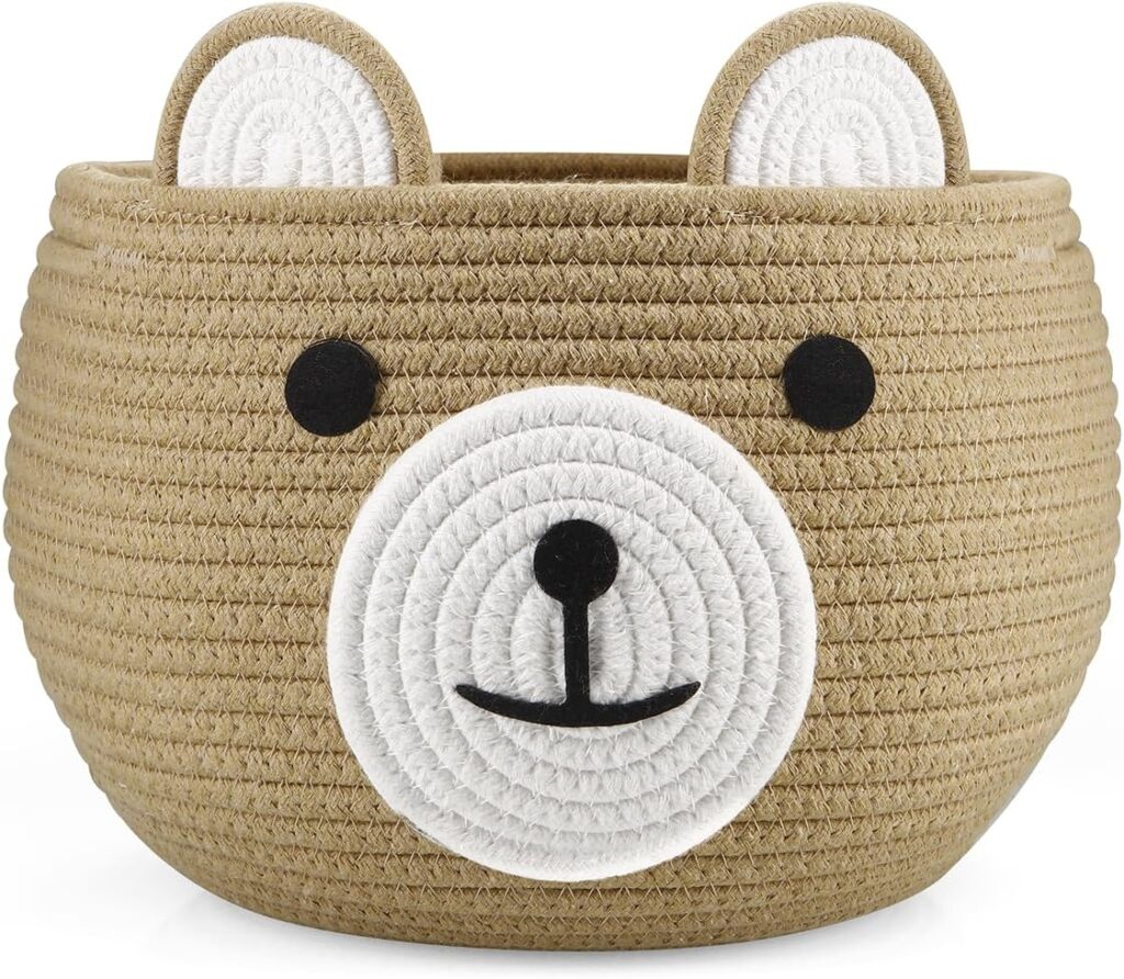 PandaEar Cotton Rope Baby Basket, Baby Gift Basket Nursery Laundry Organizer with Cute Bear Design for Storage Infant Newborn Essentials, Diaper Caddy with Handle (Brown)