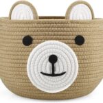 PandaEar Cotton Rope Baby Basket, Baby Gift Basket Nursery Laundry Organizer with Cute Bear Design for Storage Infant Newborn Essentials, Diaper Caddy with Handle (Brown)