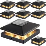 Solar Post Cap Lights Outdoor 8pack, Black Waterproof Solar Powered Deck Fence Post Lights Fit 4×4 Wood/Vinyl Posts, Bright Warm White Solar Post Lights Decorate Deck, Patio, Porch, Fence