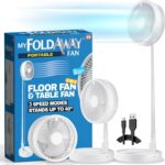MyFoldaway Portable Fan for Travel, USB Rechargeable Cordless Portable Fans for Desk, Home, Camping, Sleeping, Lightweight Compact & Foldable Travel Fan, Pedestal Extends from 4-40”, Quiet, 3 Speeds