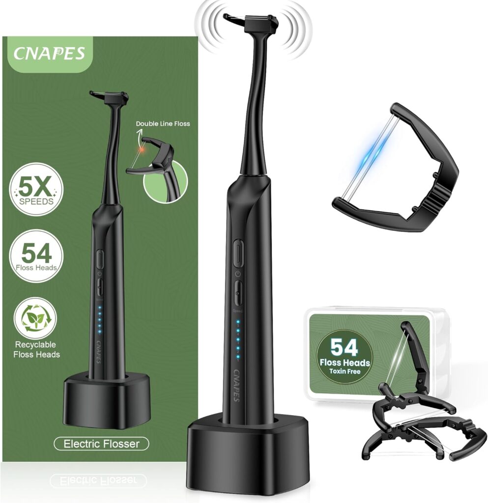 Electric Flosser for Teeth with 5 Speeds + 54 Refill Heads, Water Flosser Alternative, Easy Glide Flossing for Sensitive Gum, Rechargeable Oral Kit, 5X Cleaning, Portable Dental Floss Picks for Adults