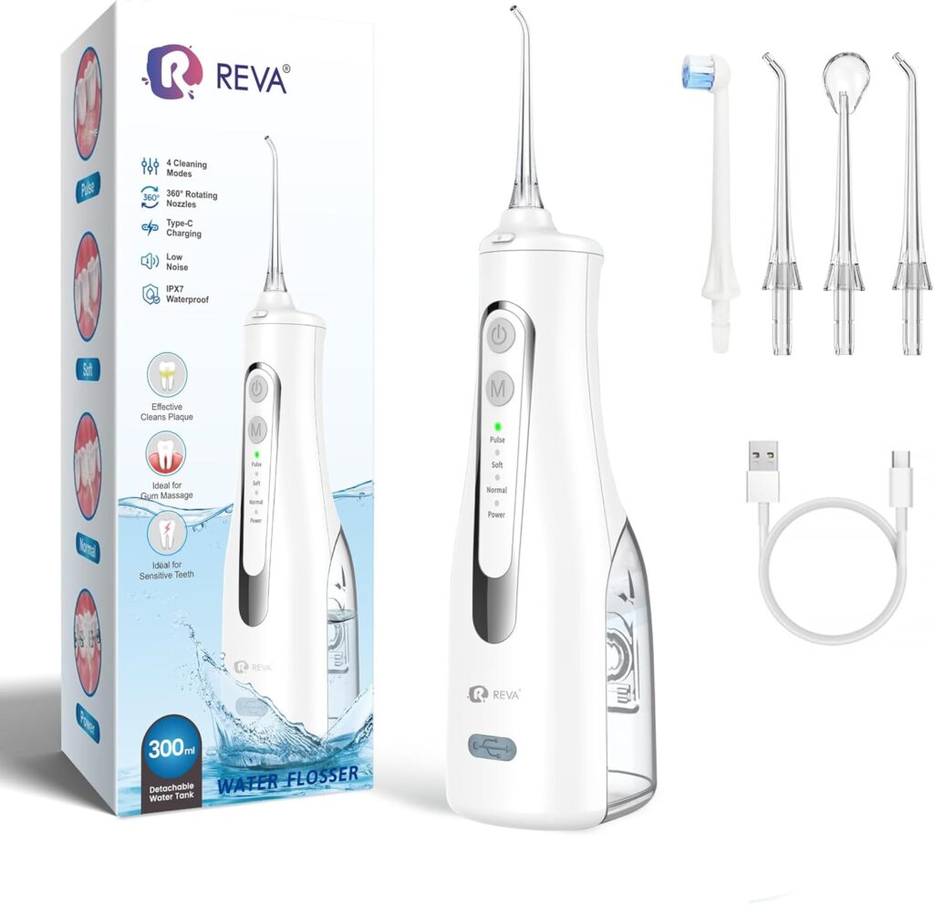 Reva Cordless Oral Irrigator – 4 Modes Water Flosser for Teeth Cleaning, 300ML Reservoir, 360° Nozzle, IPX7 Waterproof, 2000mAh Rechargeable Battery, 4 Jet Tips, Smart Memory Function (M149 – White)