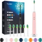 7AM2M Sonic Electric Toothbrush with 6 Brush Heads for Adults and Kids, One Charge for 90 Days, Wireless Fast Charge, 5 Modes with 2 Minutes Built in Smart Timer, Electric Toothbrushes(Pink)