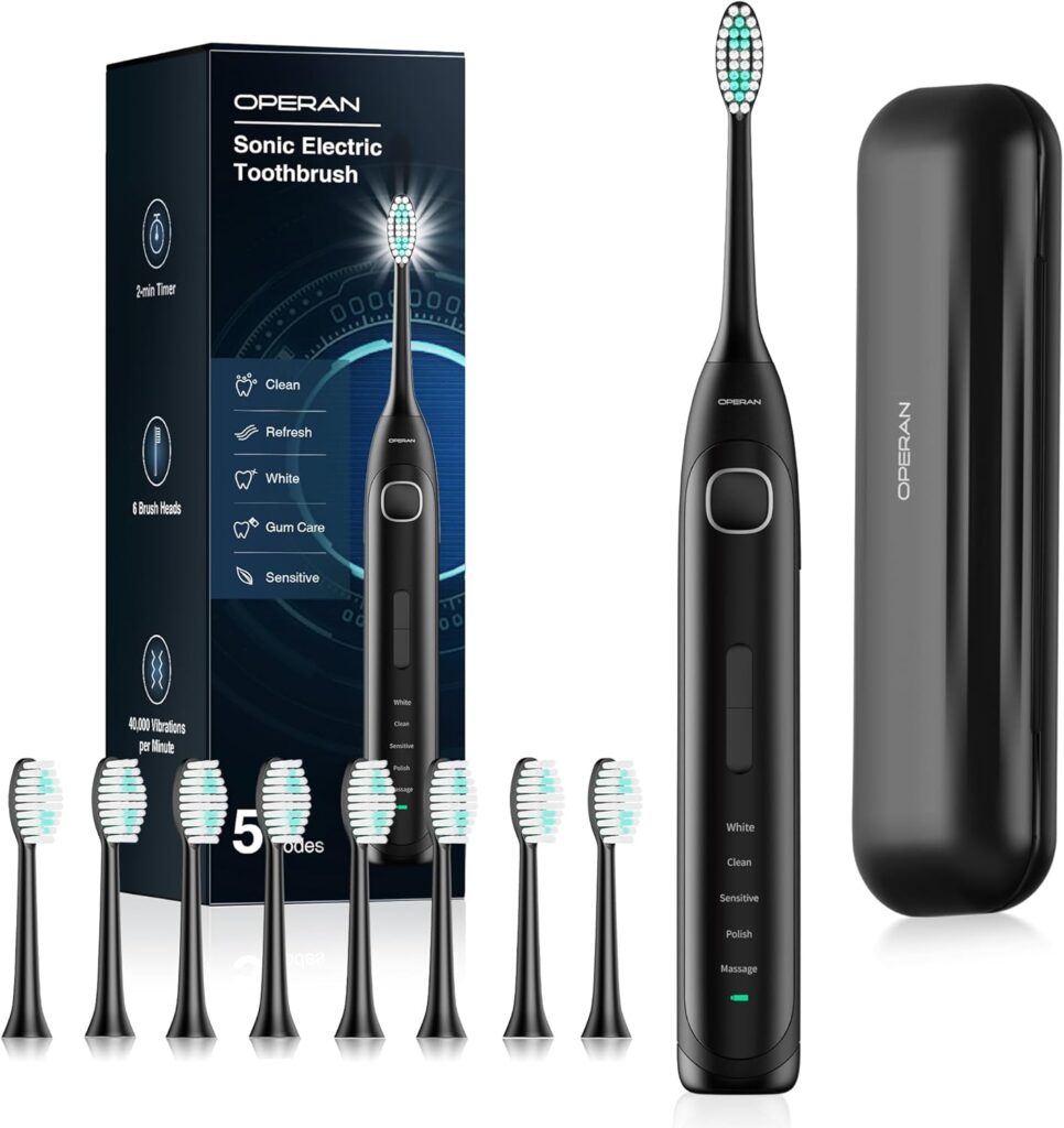 Operan Rechargeable Sonic Toothbrushes with 5 Modes 2-Min Smart Timer IPX7 Waterproof 40,000 VPM Motor with 8 Brush Heads & Travel Case Electric Toothbrush for Adults Travel Toothbrush (Black, 1Pack)