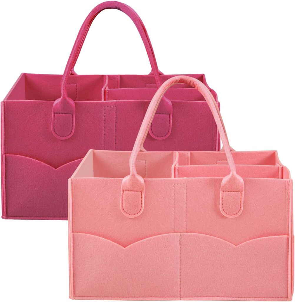 PandaEar 2 Pack Baby Diaper Caddy Organizer, Portable Diaper Holder Nursery Storage Basket for Wipes & baby stuff, Collapsible Baby Organizers with Divided Design (Red/Pink)