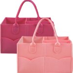 PandaEar 2 Pack Baby Diaper Caddy Organizer, Portable Diaper Holder Nursery Storage Basket for Wipes & baby stuff, Collapsible Baby Organizers with Divided Design (Red/Pink)