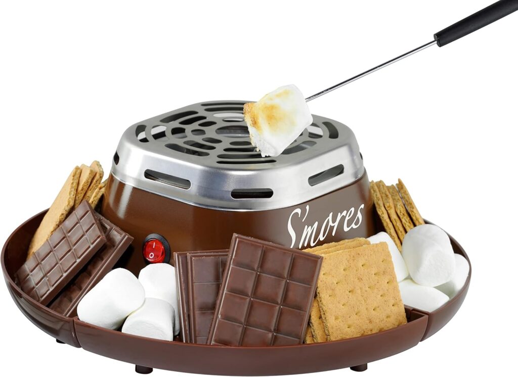 Nostalgia Tabletop Indoor Electric S’mores Maker – Smores Kit With Marshmallow Roasting Sticks and 4 Trays for Graham Crackers, Chocolate, and Marshmallows – Movie Night Supplies – Brown