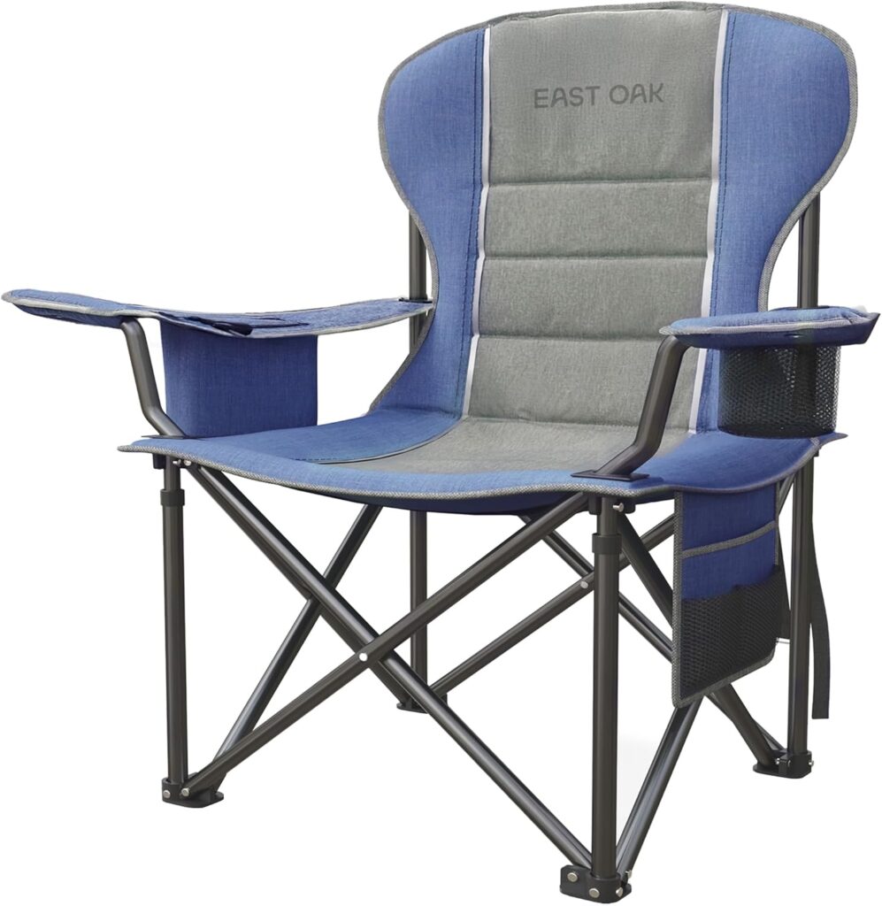 EAST OAK Oversized Camping Chair | Heavy Duty Camping Chairs | 500LBS Support, 600D Oxford, Cup Holder & Side Pocket | Ideal for Camping, Beach, Sports Events| Blue&Grey