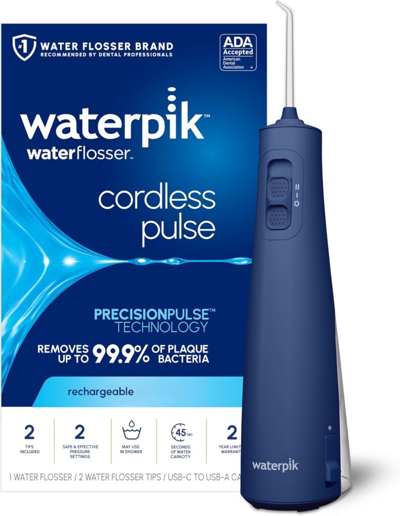 Waterpik Cordless Pulse Rechargeable Portable Water Flosser for Teeth, Gums, Braces Care and Travel with 2 Flossing Tips, Waterproof, ADA Accepted, WF-20 Blue, Packaging May Vary