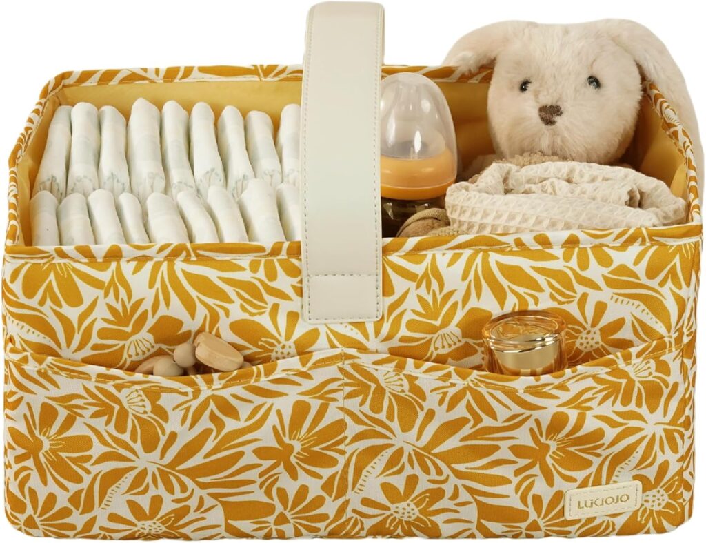 Floral Baby Diaper Caddy Organizer, Nursery Storage Basket For Newborn Essentials and Diaper Changing Station, Baby Shower Gifts(Yellow)
