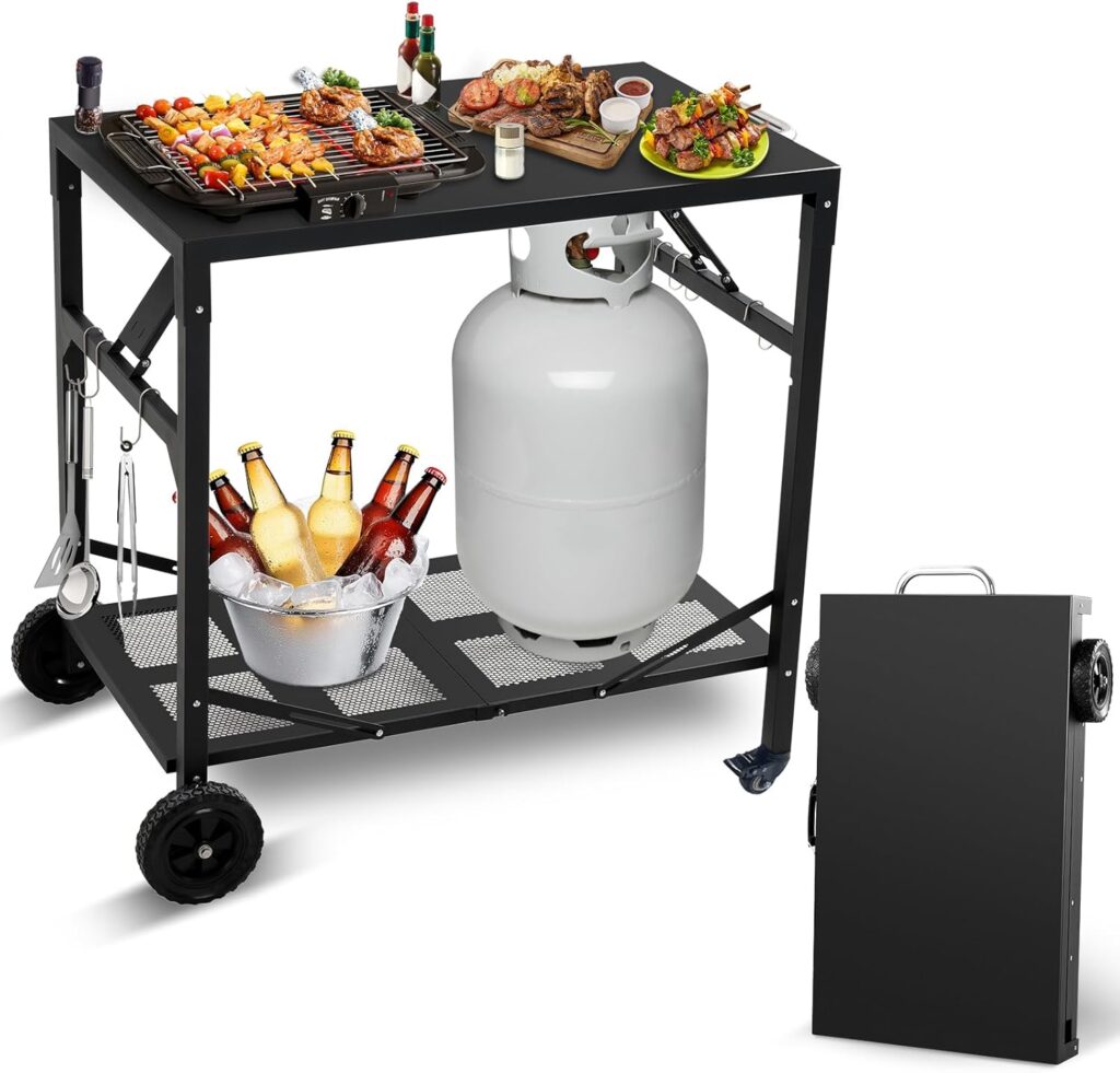 Grill Cart Outdoor with 4 Wheels – Foldable Pizza Oven Stand Table, Portable Dining Cart Table for Outdoor, BBQ, Indoor, Kitchen Black