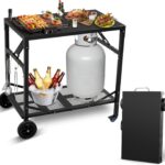 Grill Cart Outdoor with 4 Wheels – Foldable Pizza Oven Stand Table, Portable Dining Cart Table for Outdoor, BBQ, Indoor, Kitchen Black