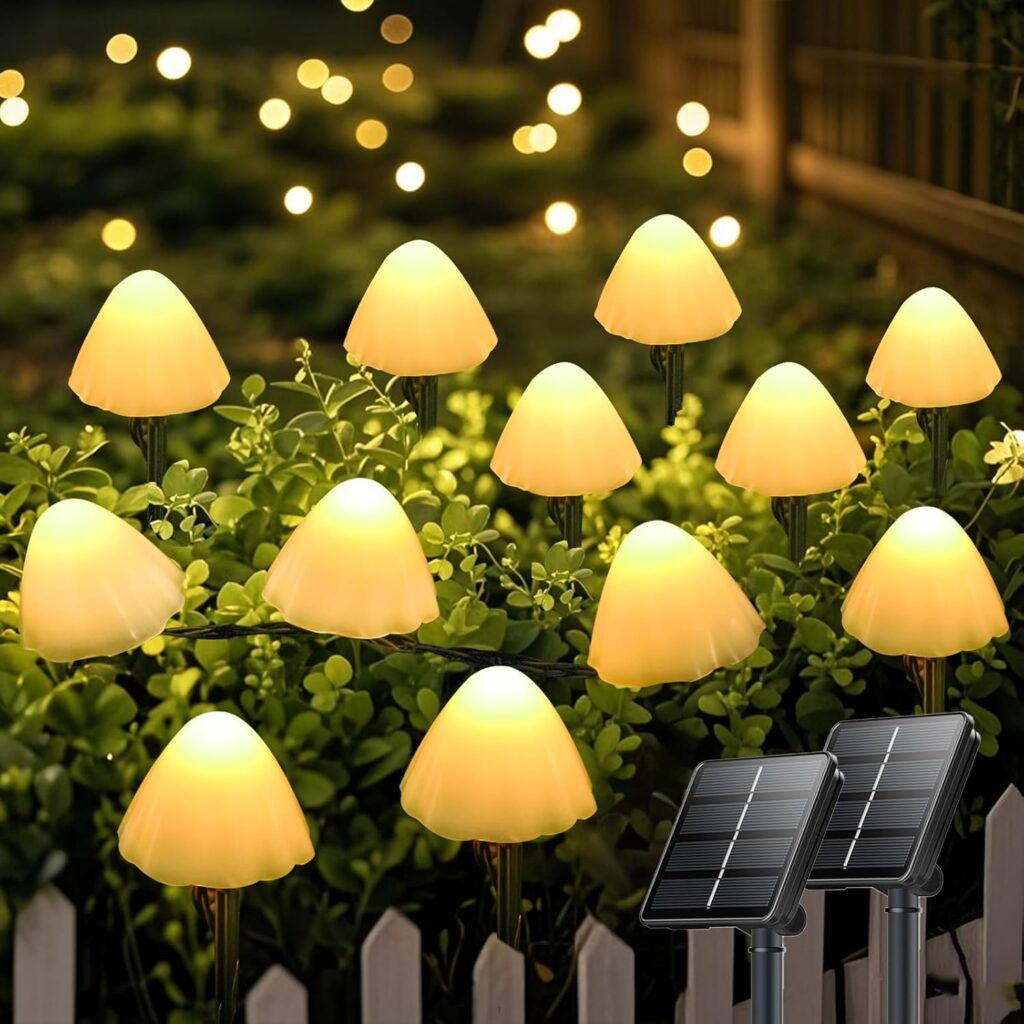 OZS 2PK 32LED 55FT Mushroom Solar Garden Lights Outdoor, Solar String Lights Waterproof with 8 Lighting Modes, Solar Garden Decor for Outside, Pathway Light for Yard Decoration (Warm White)