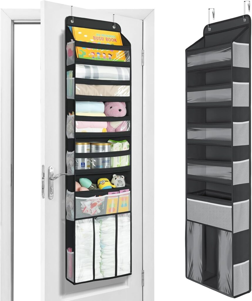 Yecaye 6-Tier Over the Door Organizer with Detachable Bin, Large Capacity Door Organizer Hanging for Bedroom Closet Nursery Pantry, Over the Door Storage for Baby Diaper Caddy Newborn Essentials Black