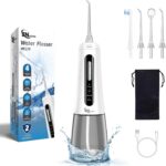 Cordless Water Dental Flosser Oral irrigator,JNGOODS 300ml Rechargeable Water flosser for Teeth IPX7 Waterproof 4 Modes Portable Oral Irrigator with 4 Jet Tips, Travel Home use (White)