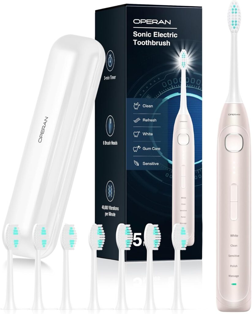 Operan Electric Toothbrush for Adults and Kids Rechargeable Sonic Toothbrush with 5 Modes 2-Min Smart Timer IPX7 Waterproof 40,000 VPM Motor with 8 Brush Heads & Travel Case (Champagne, 1Pack)