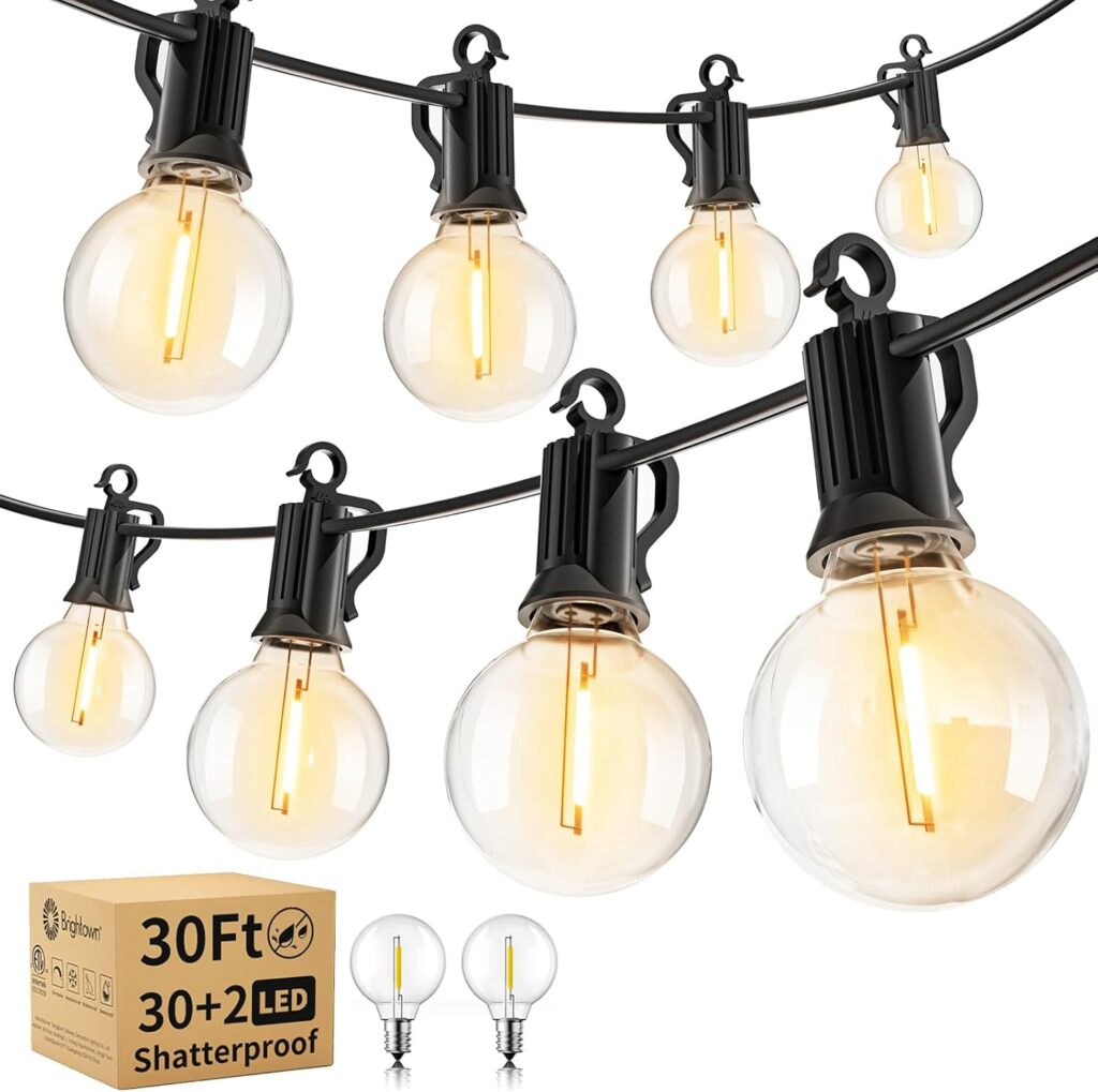 Brightown Outdoor String Lights – Waterproof Globe Patio Lights 30 Ft with 30 G40 Shatterproof LED Bulbs, Connectable Commercial Hanging Light for Backyard, Bistro, Porch, Cafe, Deck, Garden