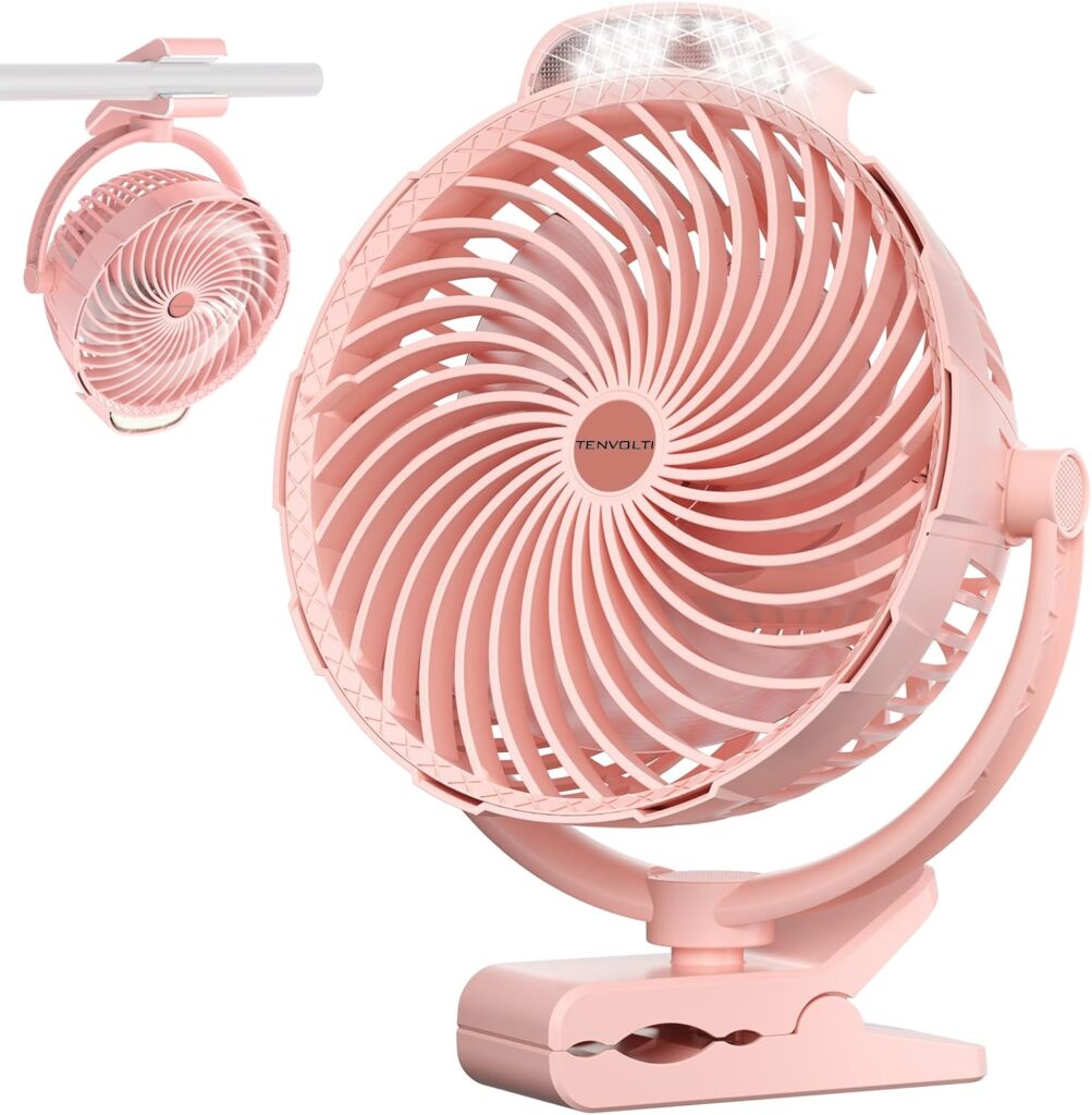 10000mAh Clip on Fan, 8-Inch Golf Cart Fan Rechargeable with LED Light, 9 Speeds Strong Airflow, Ultra Quiet, 30Hrs Runtime, 360° Rotation, Cooling for Bed Camping Office Desk Dorm, Pink