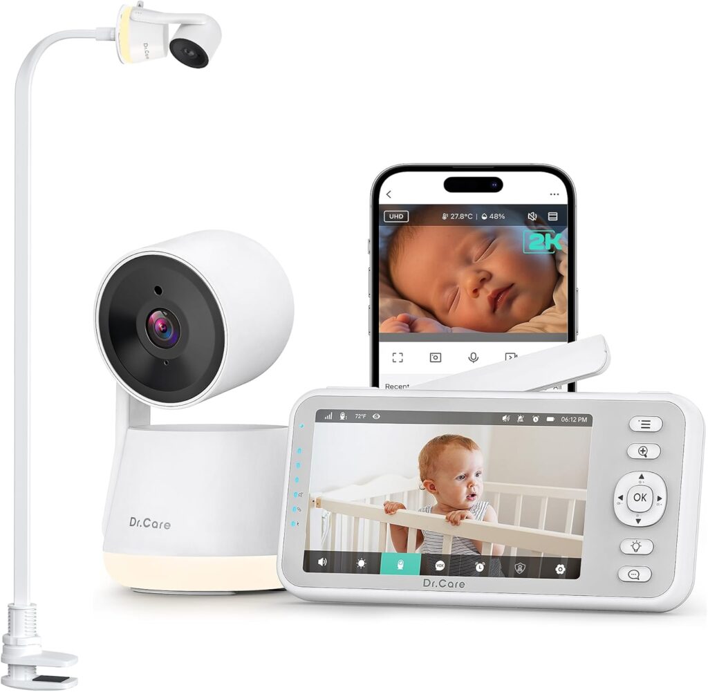 Dr.Care LumiView Smart WiFi Baby Monitor with Clip Mount – 5″ 1080P FHD & 2K Camera App Control, Privacy Mode, 5000mAh Removable Battery, Cry & Motion Alerts, HD Night Vision, RGB Night Light