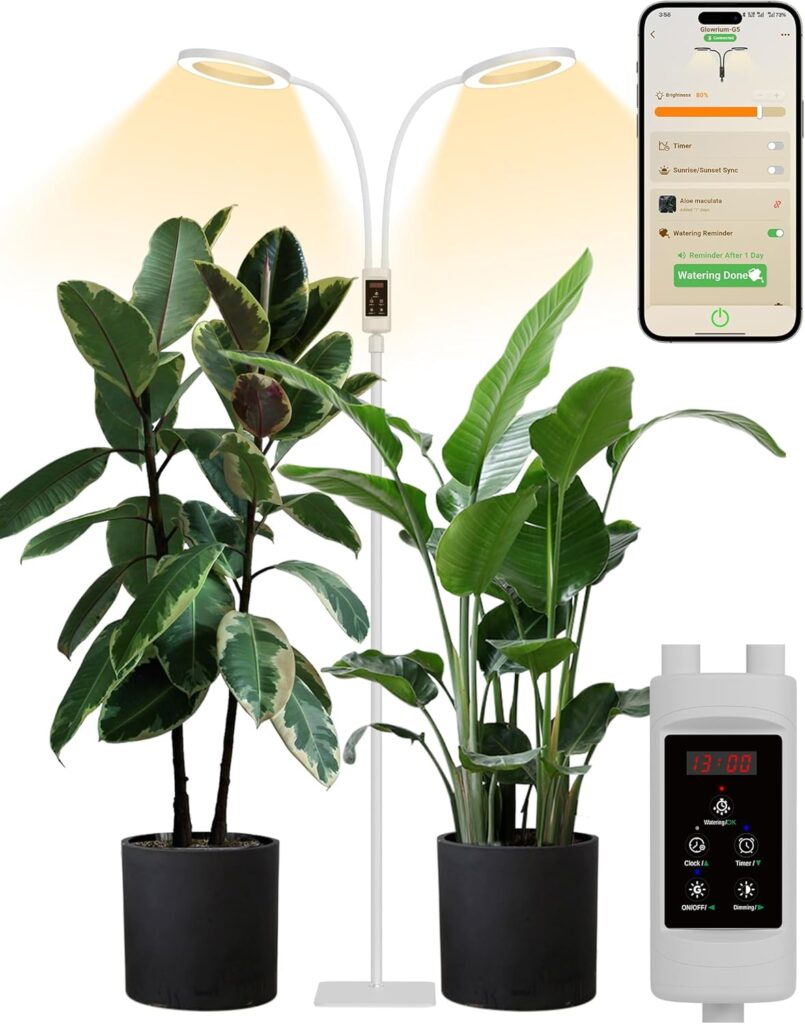 GLOWRIUM Smart Grow Lights for Indoor Plants, 48W Full Spectrum Plant Lights, Bluetooth App & Manual Control, Adjustable Height 47-70.9″, Auto Timer, Indoor Plant Lamp for Tall Indoor Plants