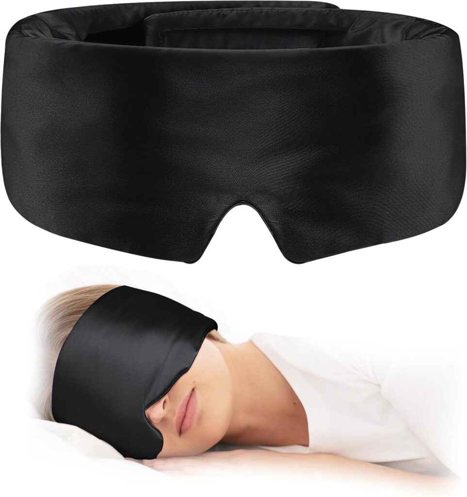 Silk Sleep Mask for Women & Man, Mulberry Silk Eye, Adjustable Band and Soft Pressureless, Sleeping Mask for Sleep Travel Yoga Nap, Large Size (Black)