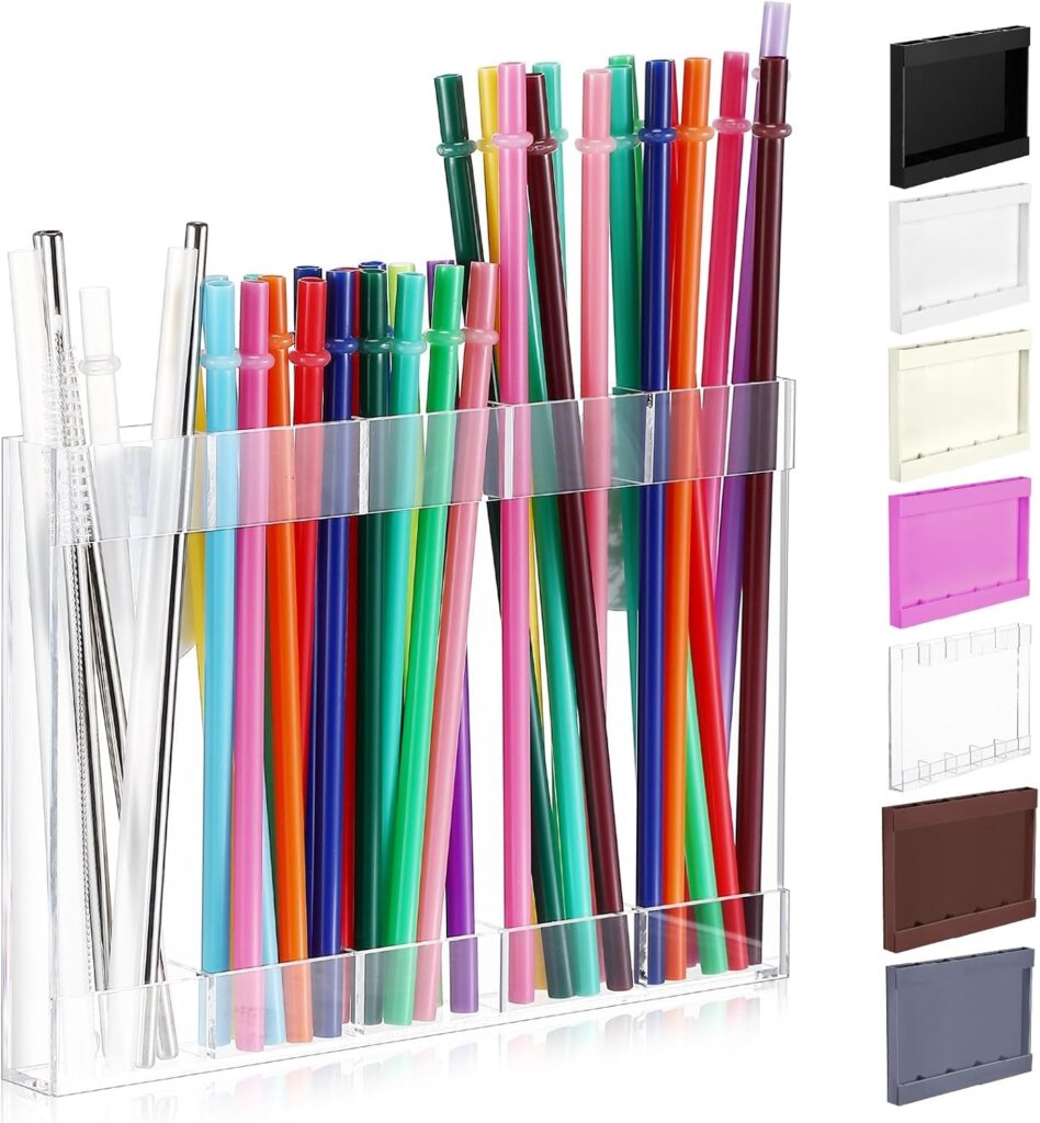 Acrylic Straw Holder for Cabinet Door with Double Sided Adhesive Tape Reusable Straw Organizer Tumbler Storage Kitchen Accessories Container for Counter Cupboard(Classic,Large,Transparent)