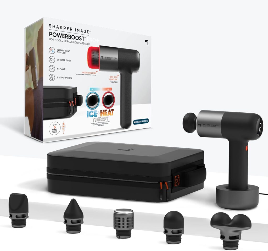 Sharper Image® Powerboost® Pro+ Hot & Cold Deep Tissue Massage Gun – 6 Speeds, 6 Attachments, 5-Hour Battery, Travel Case, Charging Base, Shoulder & Back Massager, Pain Relief Tool, FSA Eligible