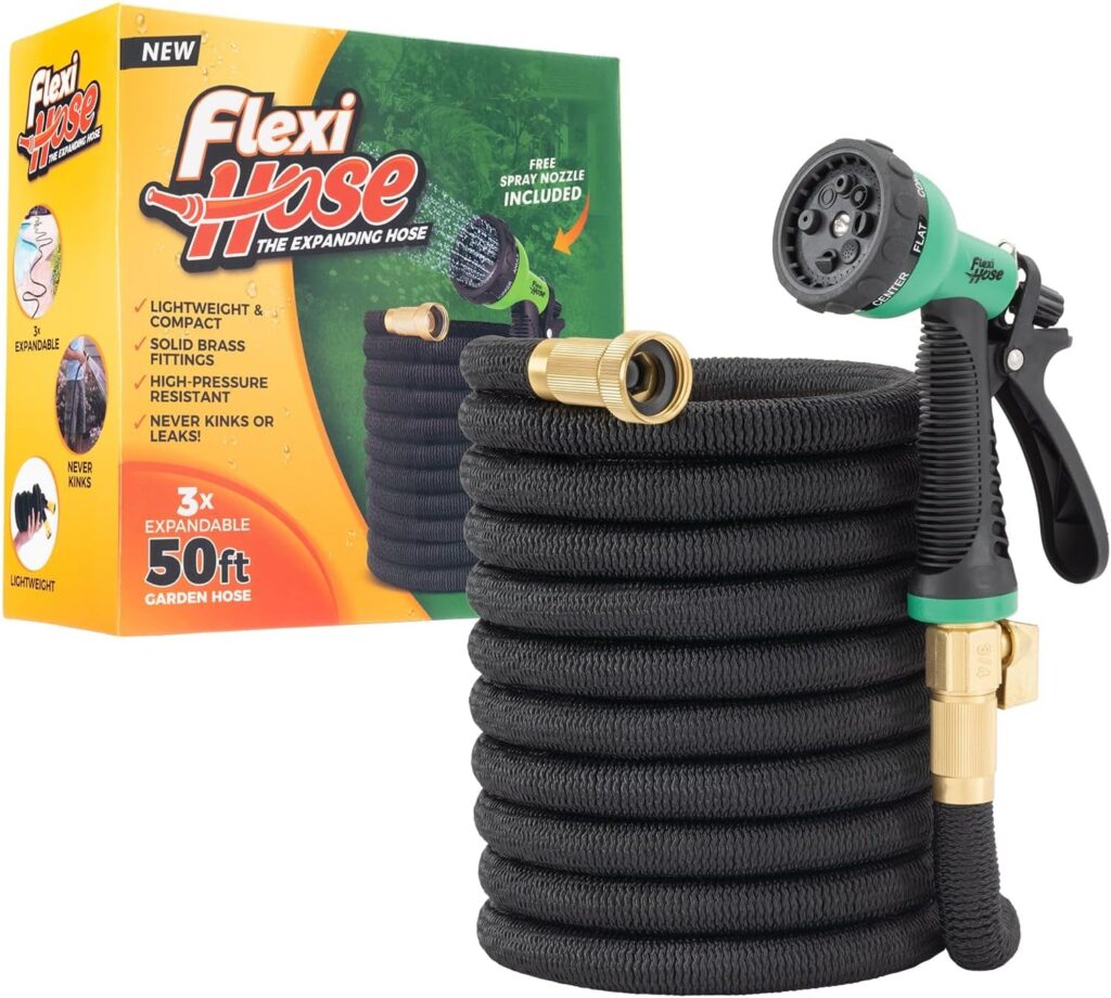 Flexi Hose Lightweight Garden Hose, 50FT – Expandable Hose with 8 Function Nozzle, No-Kink Flexibility, 3/4 Inch Solid Brass Fittings and Double Latex Core