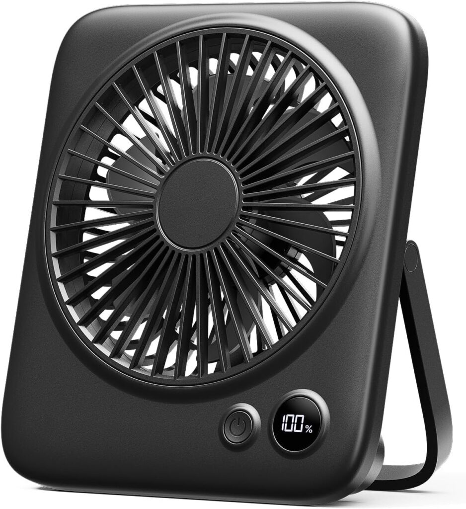 Otlonpe Personal Portable Desk Fan Battery Operated, 4000mAh Small USB Rechargeable Portable Fans for Travel Sleeping Bedroom Office Home Table, Led Display, Cordless, Quiet, 4-Speed, 6.5 Inch (Black)