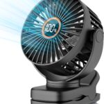 Mini Clip on Fan, Battery Operated Desk Fan, Digital display,3 Speeds Adjustable, Bidirectional 360 ° Adjustable, Super Strong Wind, Portable Fan for Home Office Stroller Camping Black
