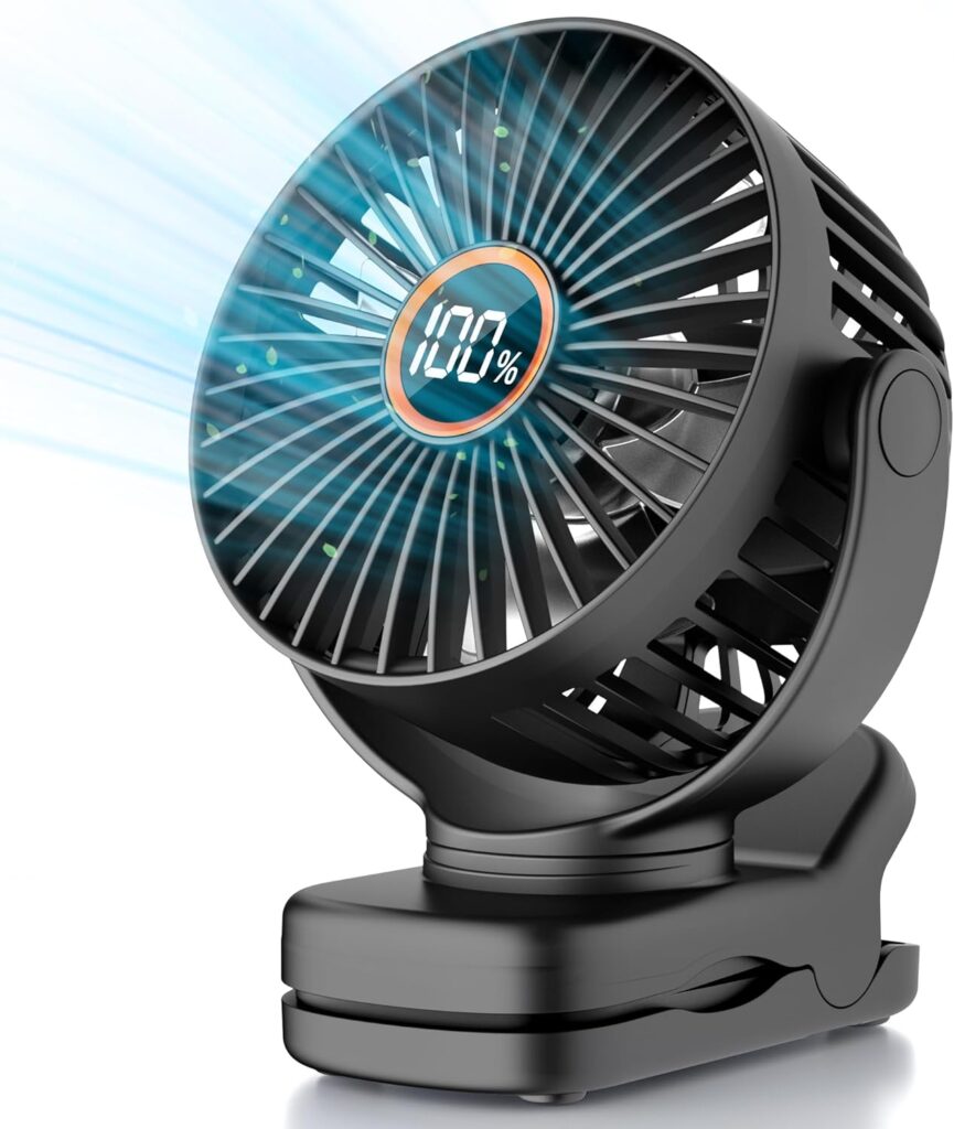 Mini Clip on Fan, Battery Operated Desk Fan, Digital display,3 Speeds Adjustable, Bidirectional 360 ° Adjustable, Super Strong Wind, Portable Fan for Home Office Stroller Camping Black