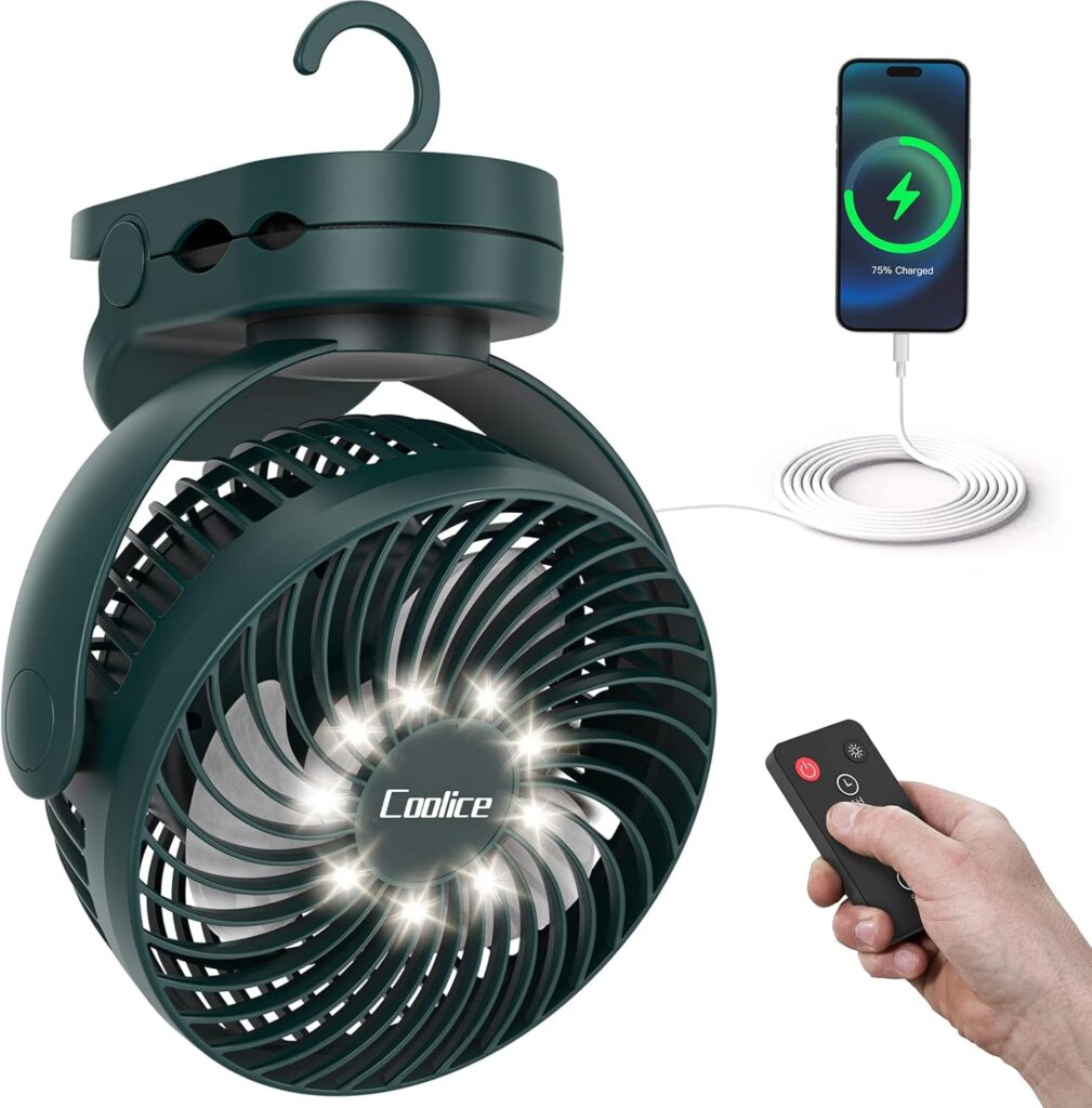 Camping Fan with Remote Control – 12000mAh Rechargeable Battery Powered Fan, Camping Fans for Tents with LED light & Hanging Hook, Rechargeable Battery Operated Ceiling Fans for Tent RV Bed, Green