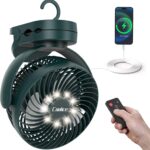 Camping Fan with Remote Control – 12000mAh Rechargeable Battery Powered Fan, Camping Fans for Tents with LED light & Hanging Hook, Rechargeable Battery Operated Ceiling Fans for Tent RV Bed, Green