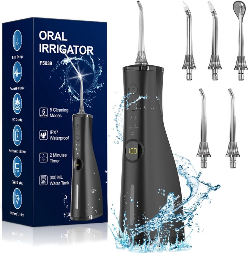 Water Dental Flosser Electric Oral Irrigator 300ML Large Tank 5 Replaceable Jet Tips IPX7 Waterproof Teeth Cleaner Flossing Cleaning Picks for Home and Travel