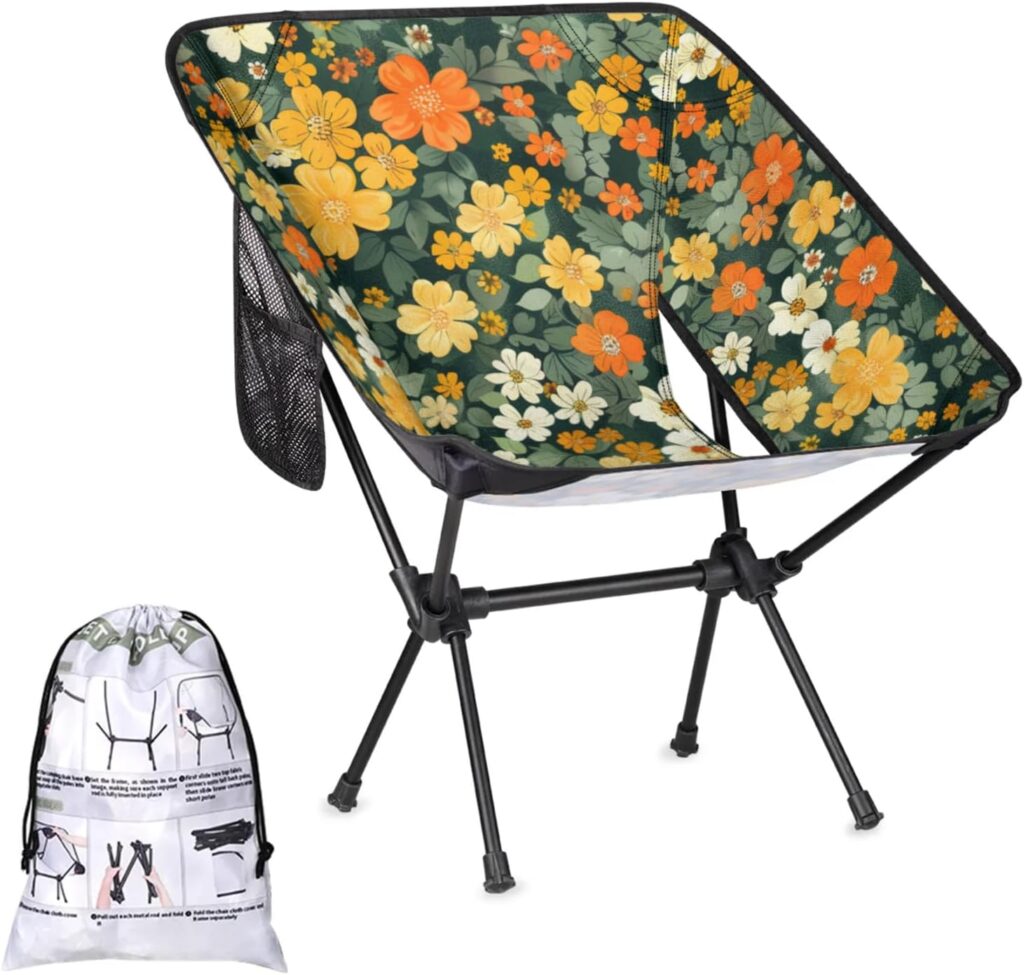 Portable Camping Chair, Folding Chairs for Outside, Flowers Green Lightweight Backpacking Chair, Outdoor Collapsible Beach Chairs for Adults Father Fishing Lawn, Picnic, Travel, Hiking