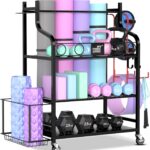 Mythinglogic Yoga Mat Storage Racks,Home Gym Storage Rack for Dumbbells Kettlebells Foam Roller, Yoga Strap and Resistance Bands, Workout Equipment Storage Organizer With Hooks and Wheels