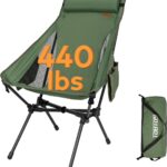 TOBTOS Portable High Back Camping Chair, Support Heavy Duty 440 lbs, Compact Folding Chair with Detachable Pillow for Camp, Hiking, Backpacking (Green)