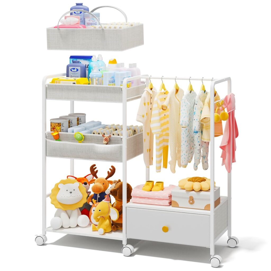 BBLIKE 3in1 Diaper Caddy Organizer – Diaper Caddy & Rolling Diaper Cart with Kids Clothing Rack for Nursery and Baby Essentials, Multi-Function Utility Cart for Bedroom and Bathroom, White