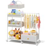 BBLIKE 3in1 Diaper Caddy Organizer – Diaper Caddy & Rolling Diaper Cart with Kids Clothing Rack for Nursery and Baby Essentials, Multi-Function Utility Cart for Bedroom and Bathroom, White