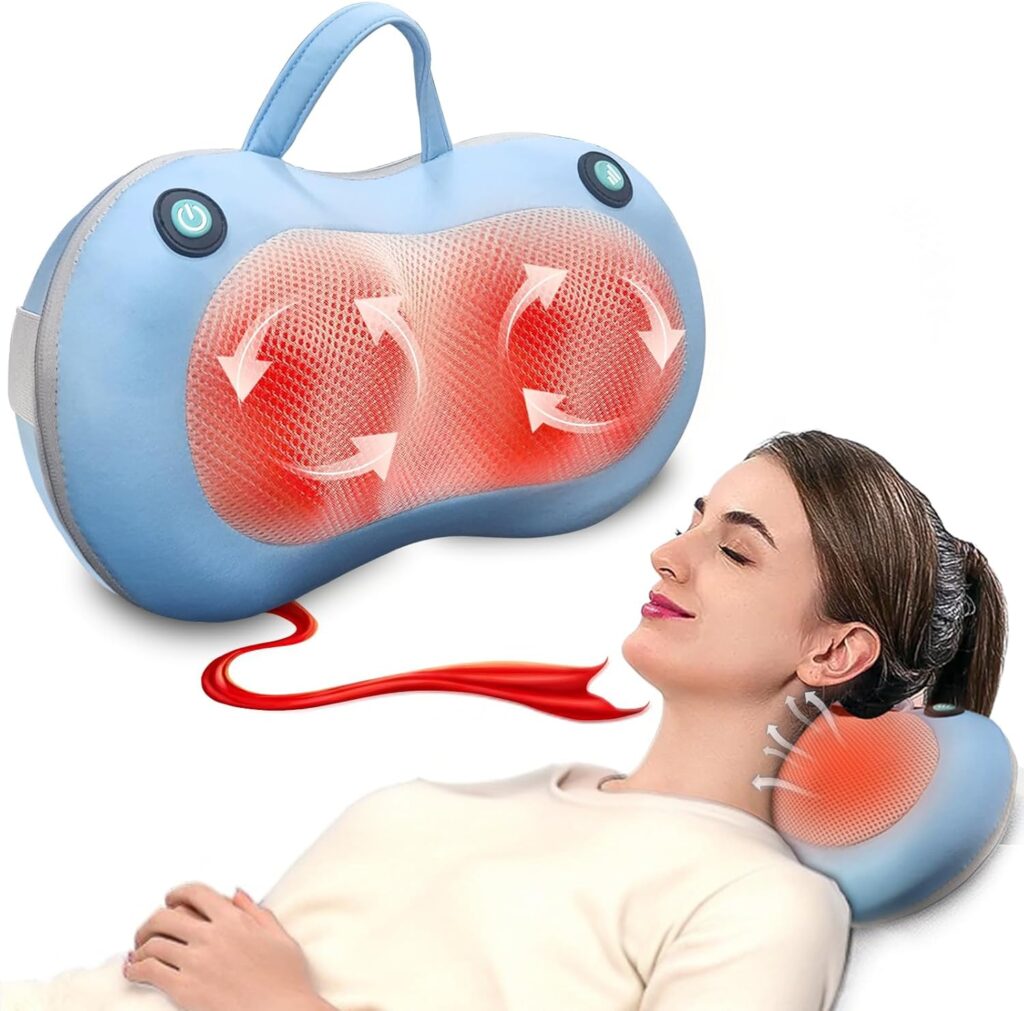 Christmas Gifts for Women Men,White Elephant Gifts,Shiatsu Neck Back Massager for Pain Relief Deep Tissue,Back Massager Deep Tissue Kneading with Heat,3D Electric Pillow(Blue)