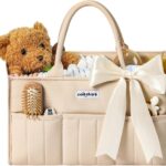 Baby Diaper Caddy – Stylish Basket for Newborn Essentials, Nursery Storage Bin and Car Organizers for Diapers and Wipes, Gift for Baby Shower, Cream