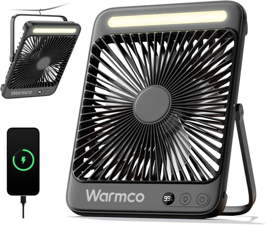 Warmco 20000mAh 8-inch Portable Camping Desk Fan, [15-48H Working Hours] Ultra-thin LED Light Rechargeable Battery Powered Travel Fan for Outdoor, Indoor, Cruise Essentials 2025