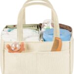 Baby Diaper Caddy Organizer – Portable Nursery Storage Basket for Newborn Essentials, Foldable Diaper Bag Organizer for Baby Shower Gifts and Registry Must-Haves, Car Organizer with Dividers (Beige)