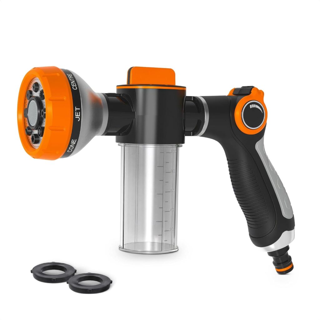 Car Wash High Pressure Garden Hose Nozzle with Soap Dispenser – Heavy Duty Soap Sprayer Hose Attachment for Pet Bathing & Lawn Watering, 8 Spray Patterns, 3.5 Oz Capacity, Ergonomic Grip